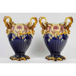 Rare Pair Of French Majolica Vases | Model N°106 | Rococo Style | Marine-inspired | 20th Cent