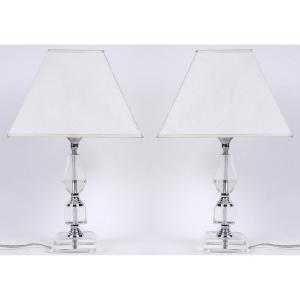 Pair Of Vintage Cut Crystal And Chrome Metal Lamps –20th Cent- Art Deco Style - Good Condition