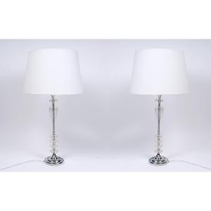 Pair Of Transparent Lamps With White Shades, Baccarat Style 