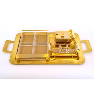 Large Crystal And Gilded Metal Aperitif Tray – Art Deco Style, 1960s