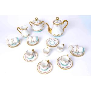Limoges Porcelain Coffee Service – Augé-munsch Narbonne – Floral And Gold Decoration – 11 People