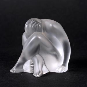 Lalique – “crouching Nude Woman” Satin Crystal Figurine – Pressed Glass Sculpture, 20th Century