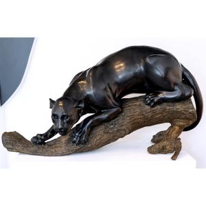 Monumental Bronze Sculpture – Black Patina Panther On Branch, Unique Commission, Early 20th 