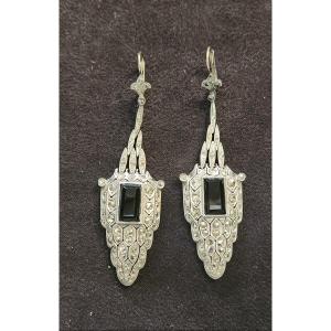 Art Deco Marcasite And Onyx Silver Earring