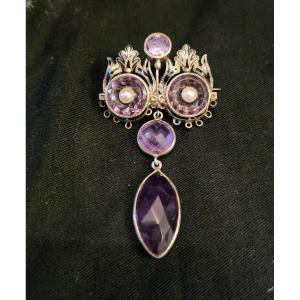 19th Century Silver And Amethyst Brooch