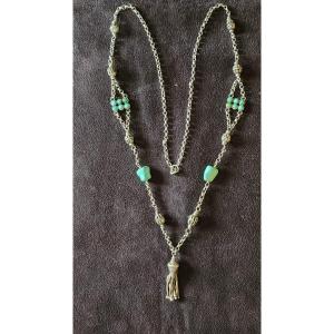 Long Necklace In Silver And Turquoise 19 Eme Century