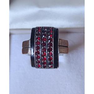 Art Deco Silver, Garnet And Lacquer Ring