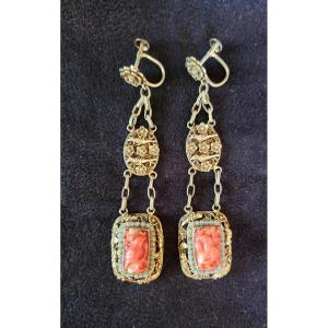 Silver Vermeil And Coral Cameo Earring Circa 1920
