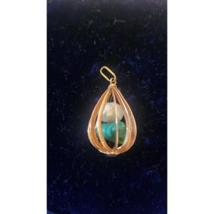 Gold Pearl And Turquoise Cage Pendant 