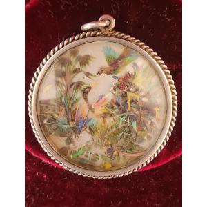 19th Century Pendant With Bird Feather Decorations 