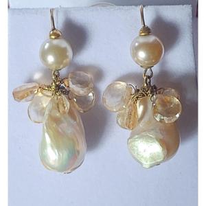 Pair Of Vermeil, Baroque Pearl And Citrine Earrings