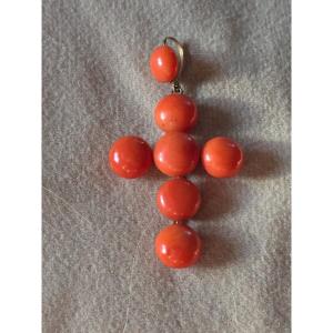 Cross Made Of Half-beads Of Coral, 19th Century
