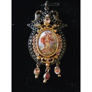 Miniature Enameled Copper Pendant, 19th Century