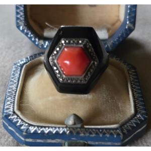 Black Lacquered Silver And Coral Ring, 1930