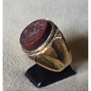 Bronze Signet Ring With Red Jasper Intaglio 