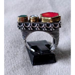 Silver Ring With Coral, Pearl And Chrysoprase