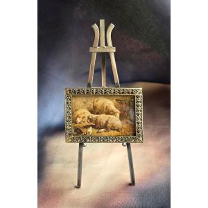 Silver Easel And Miniature Painting By Franck Brissot, 19th Century