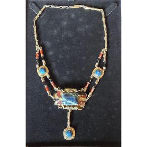 Lacquered Silver And Stone Necklace Circa 1900