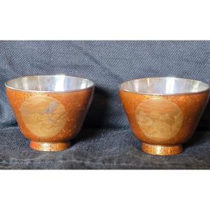 Pair Of Gold And Silver Lacquer Sake Bowls 19th Century