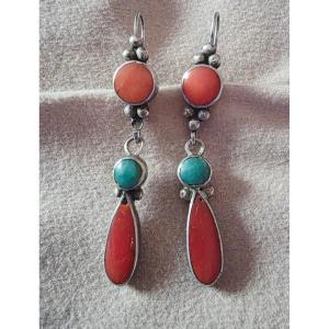 Pair Of Coral And Turquoise Earrings From Tibet, Early 20th Century