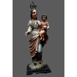Large Virgin And Child Jesus In Polychrome Wood 18th Century