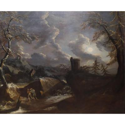 "Paysage d'hiver", peinture, tableau, huile sur toile, Francesco Foschi, Italie, XVIIIe siècle