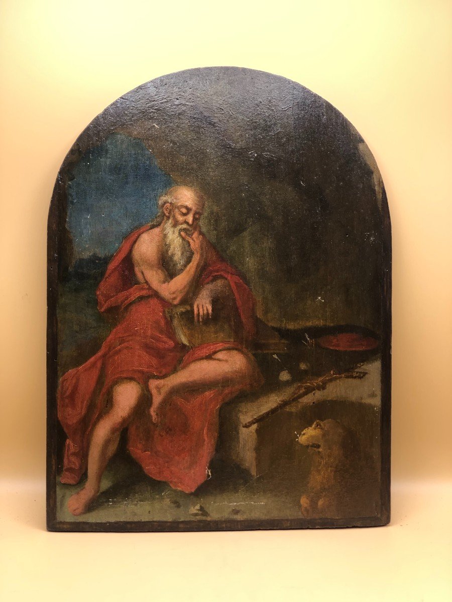 BELLA TAVOLETTA CENTINATA DIPINTA AD OLIO RAPPRESENTANTE SAN GIROLAMO OPERA DEL DEL XVIII° SEC.