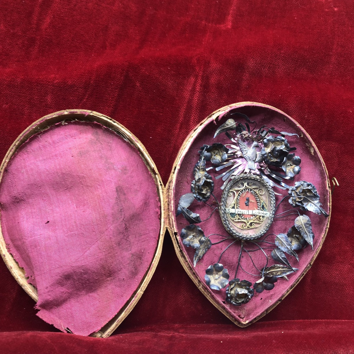 RELIQUIARIO IN FILIGRANA D'  ARGENTO ENTRO SUA CUSTODIA DI CUOIO DI S.IGNAZIO DI lOJOLA MISURE -photo-1