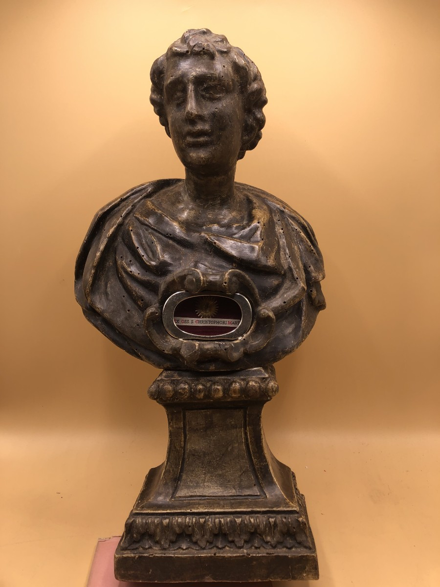 BUSTO RELIQUIARIO DI SAN CRISTOFORO MARTIRE IN LEGNO SCOLPITO E ARGENTATO 