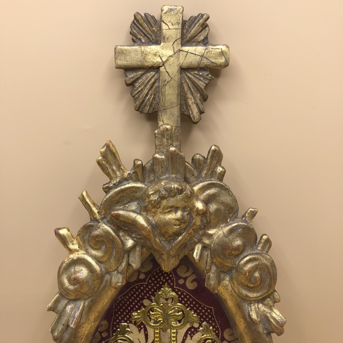 RELIQUIARIO DELLA SANTA CROCE IN LEGNO INTAGLIATO E DORATO A FOGLIA D'ORO -photo-3