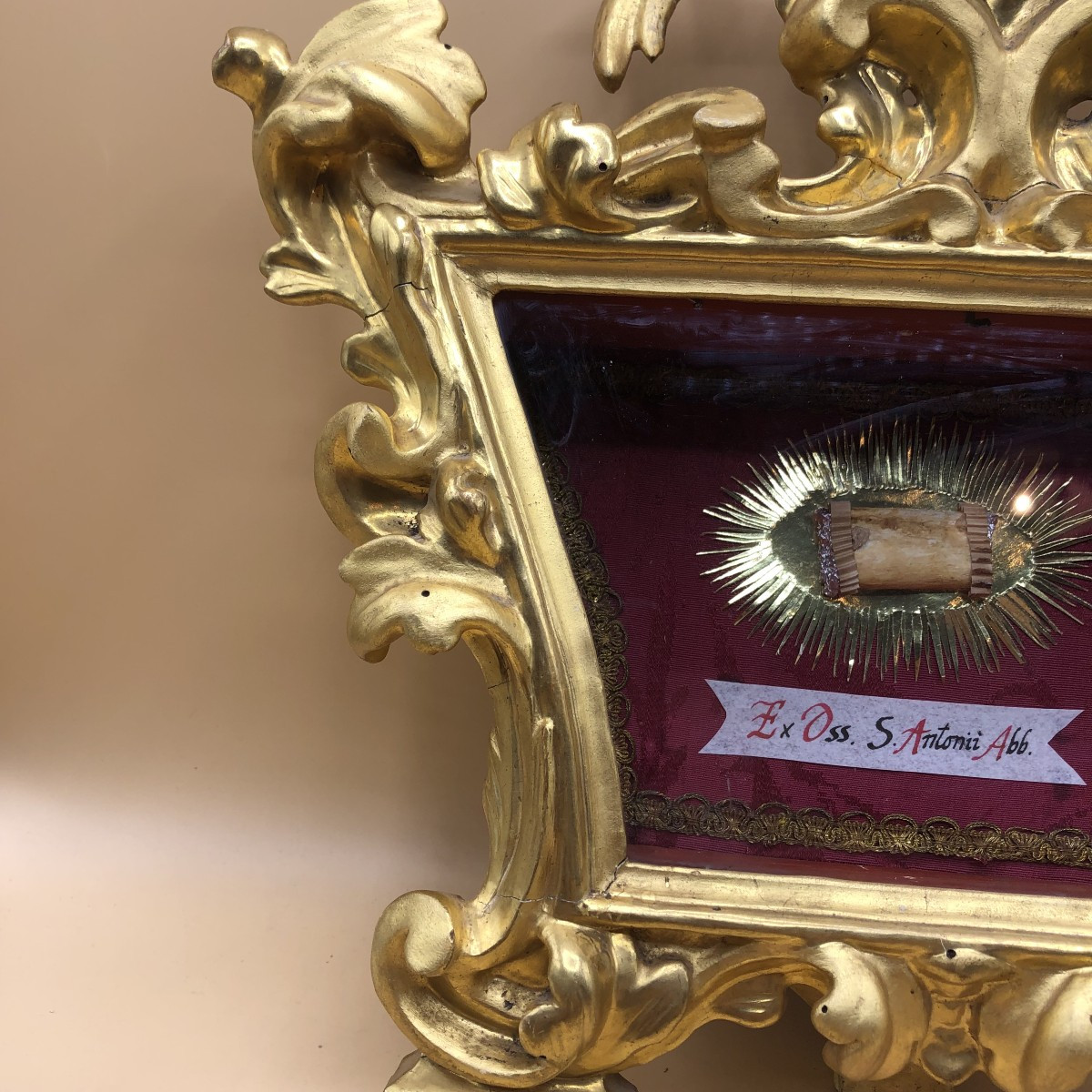 Reliquiario di S.Antonio Abate sec.XVIII° bellissimo oggetto in legno intagliato e dorato -photo-3