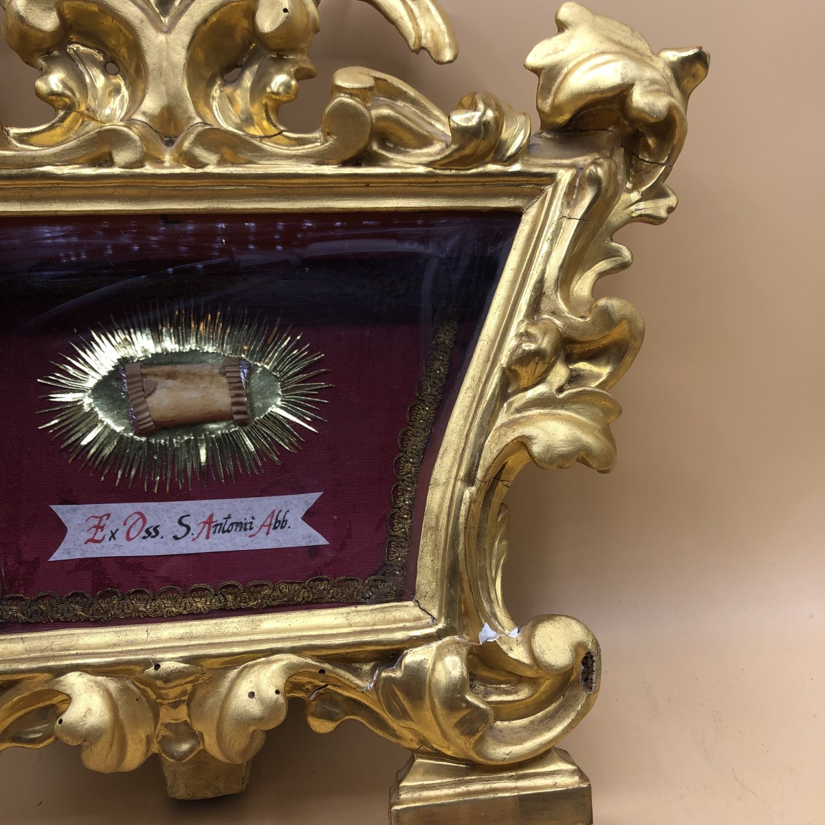 Reliquiario di S.Antonio Abate sec.XVIII° bellissimo oggetto in legno intagliato e dorato -photo-4