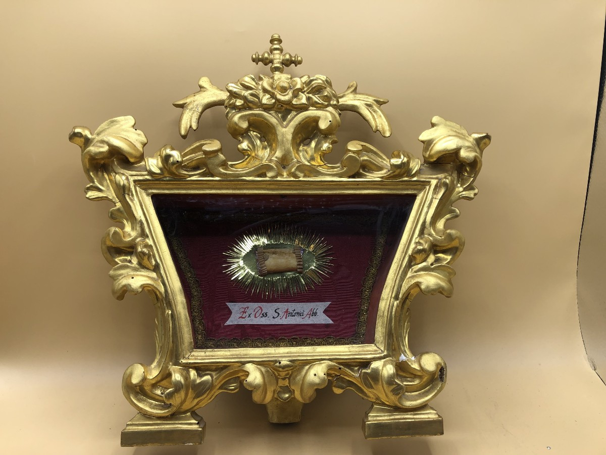 Reliquiario di S.Antonio Abate sec.XVIII° bellissimo oggetto in legno intagliato e dorato 