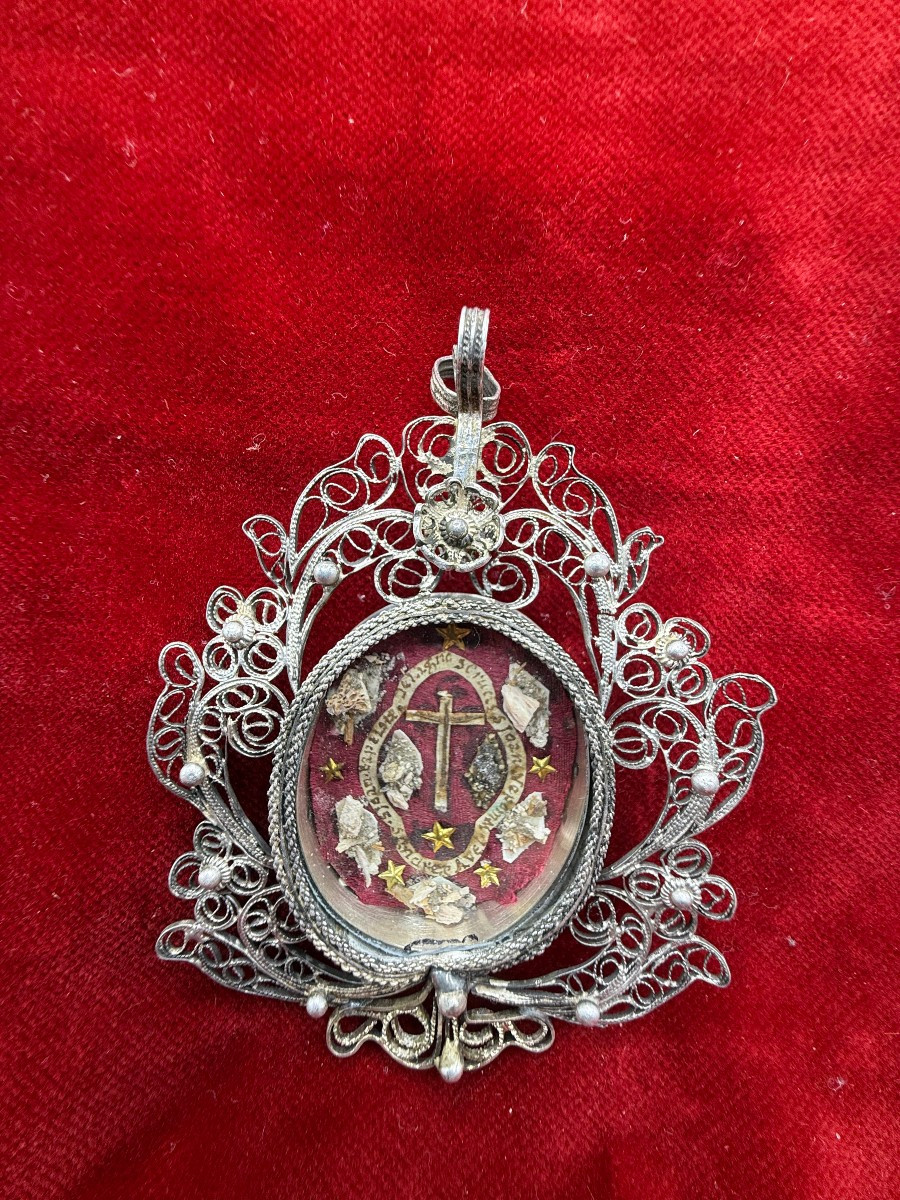 Reliquiario della S.Croce in teca di filigrana d'argento più 3 santi  