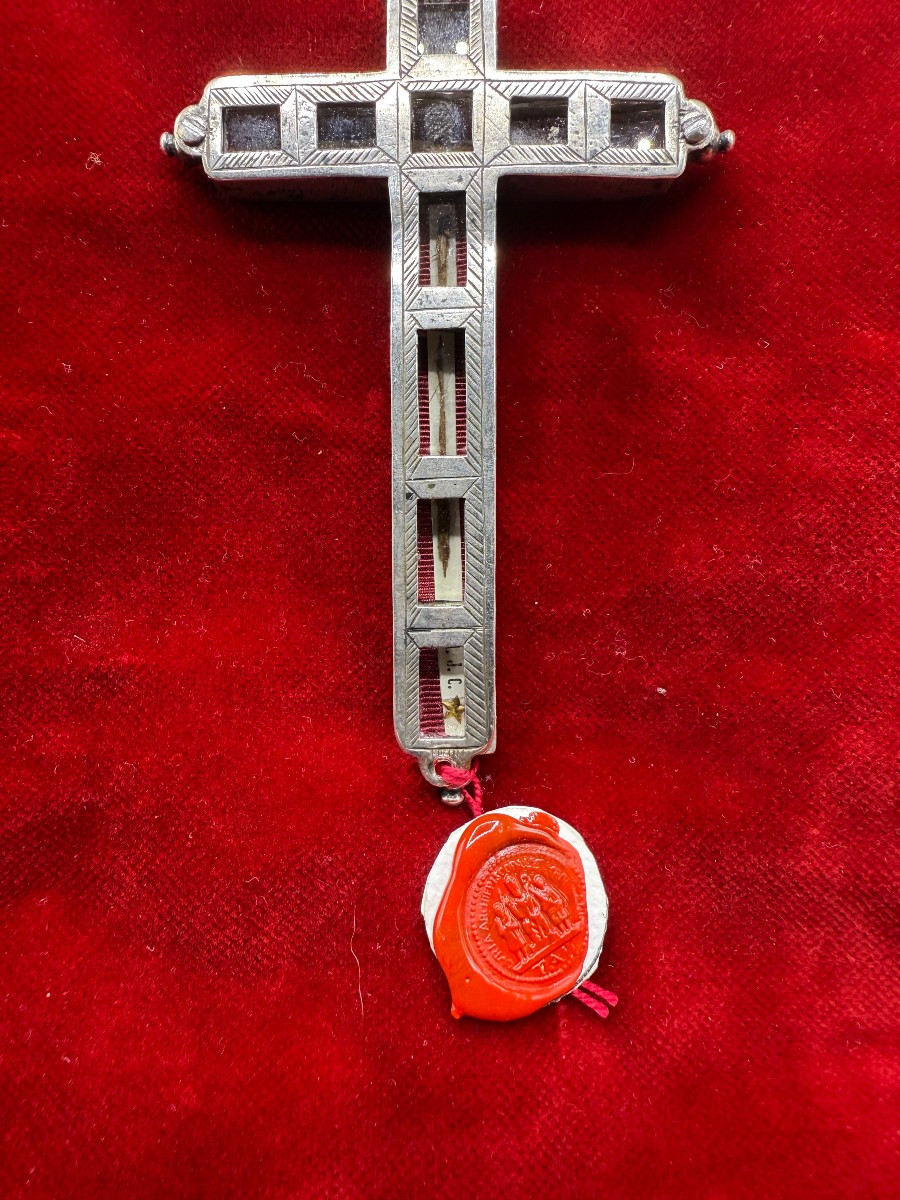 Croce stauroteca in argento massiccio con reliquia della S.Croce oggetto del XVII°sec.  -photo-3
