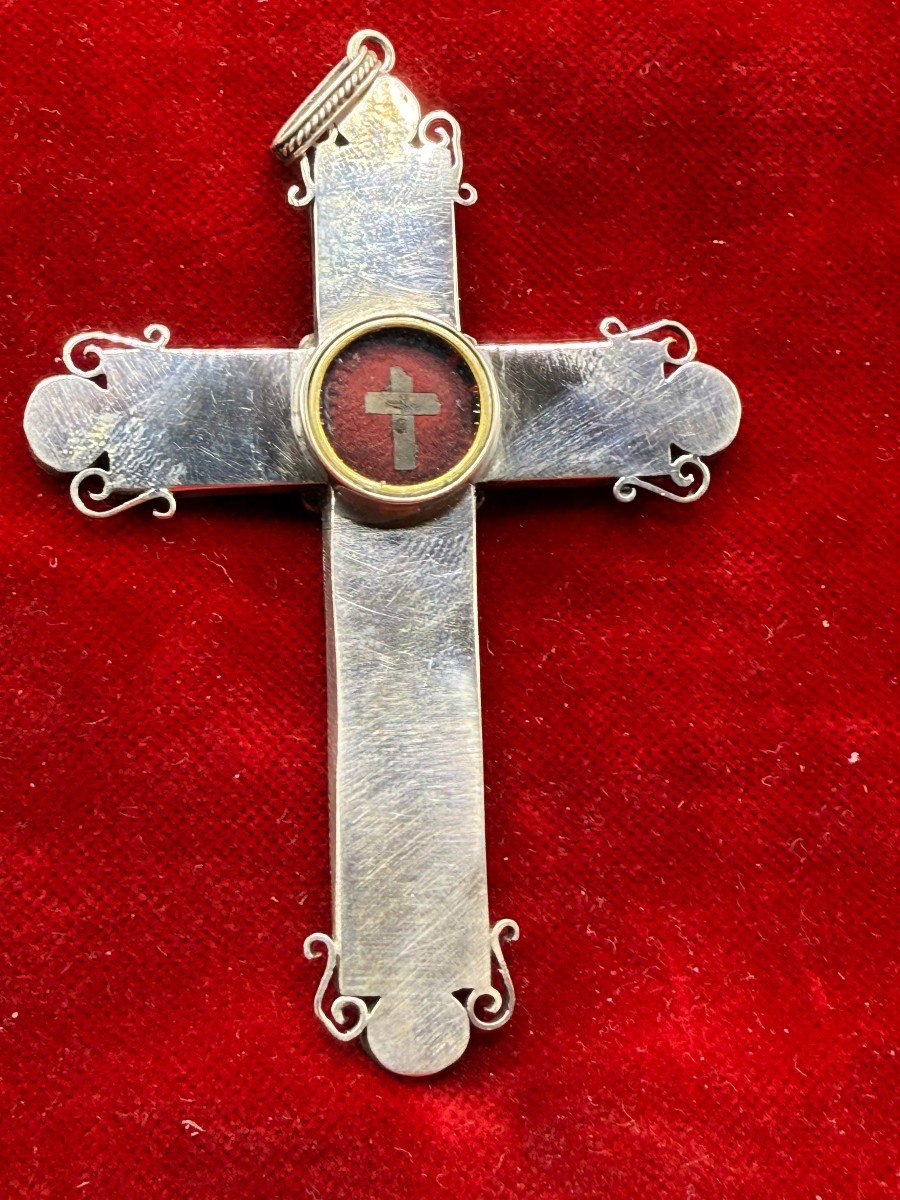 Croce pettorale reliquiario in argento con mosaico  e reliquia della S.Croce al suo interno-photo-2