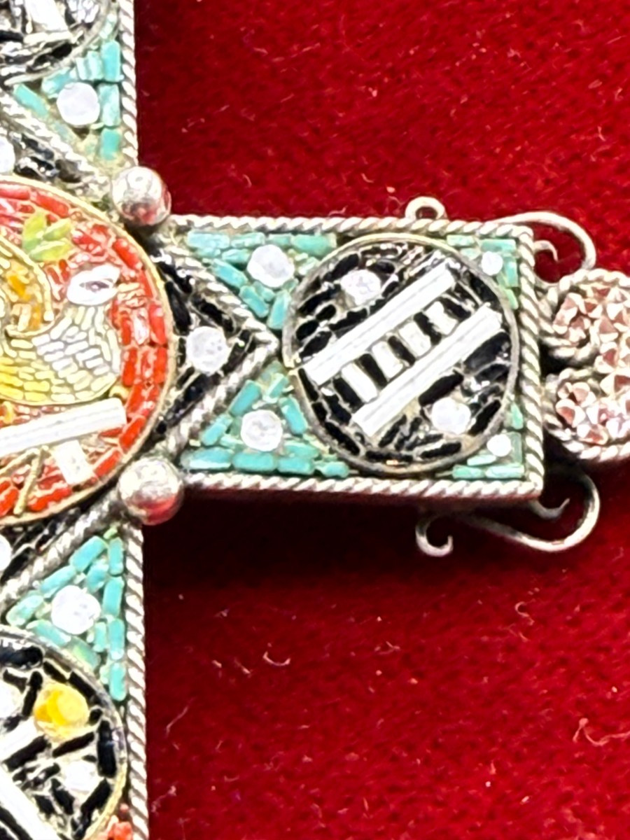 Croce pettorale reliquiario in argento con mosaico  e reliquia della S.Croce al suo interno-photo-2