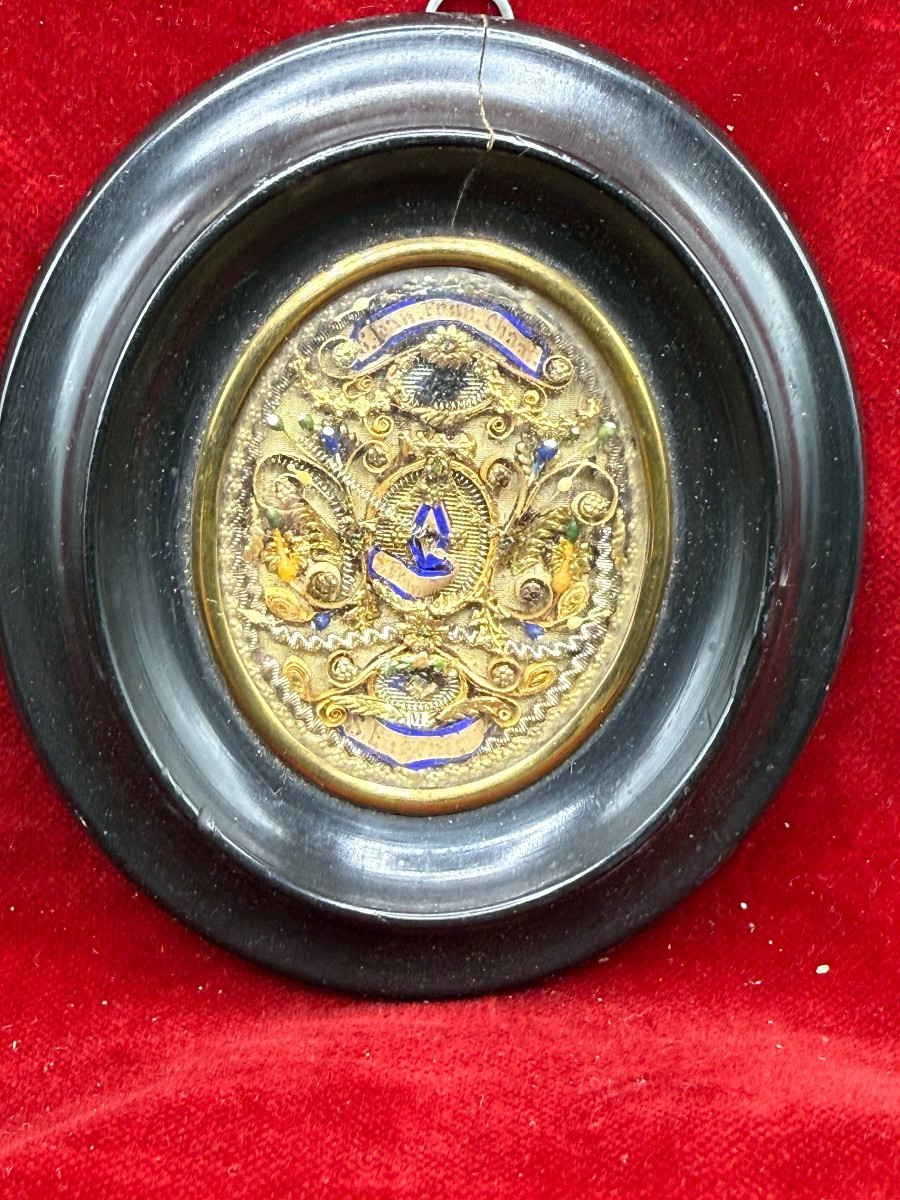Quadretto reliquiario francese con reliquie di 3 Santi 