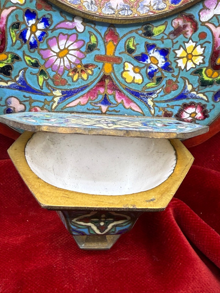 Acquasantiera da parete cloisonnè con miniatura dipinta su porcellana-photo-3