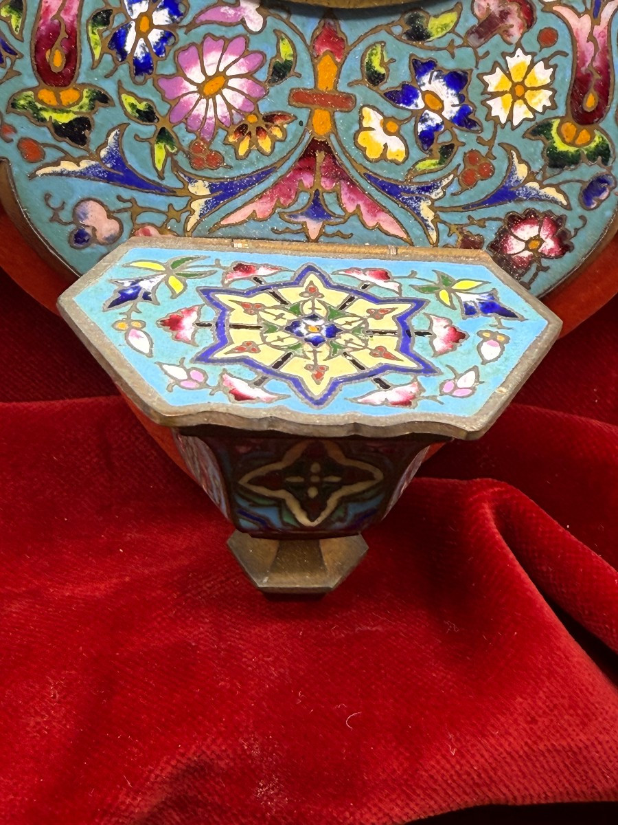 Acquasantiera da parete cloisonnè con miniatura dipinta su porcellana-photo-4