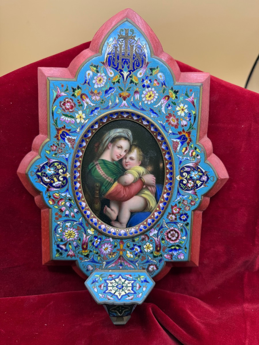 Acquasantiera da parete cloisonnè con miniatura dipinta su porcellana
