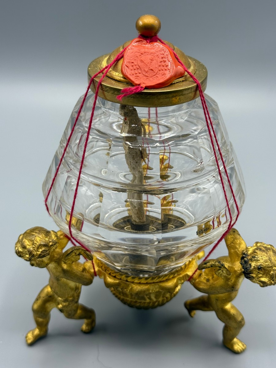 Reliquiario di S.Bartolom.Ap. in bronzo dorato e cristallo molato oggetto della metà del XVIII°-photo-1