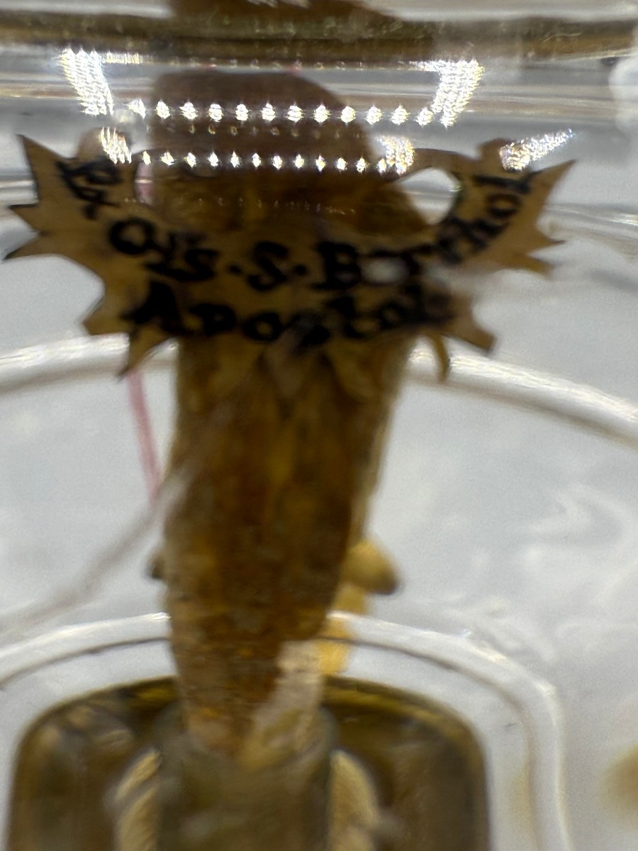 Reliquiario di S.Bartolom.Ap. in bronzo dorato e cristallo molato oggetto della metà del XVIII°-photo-2