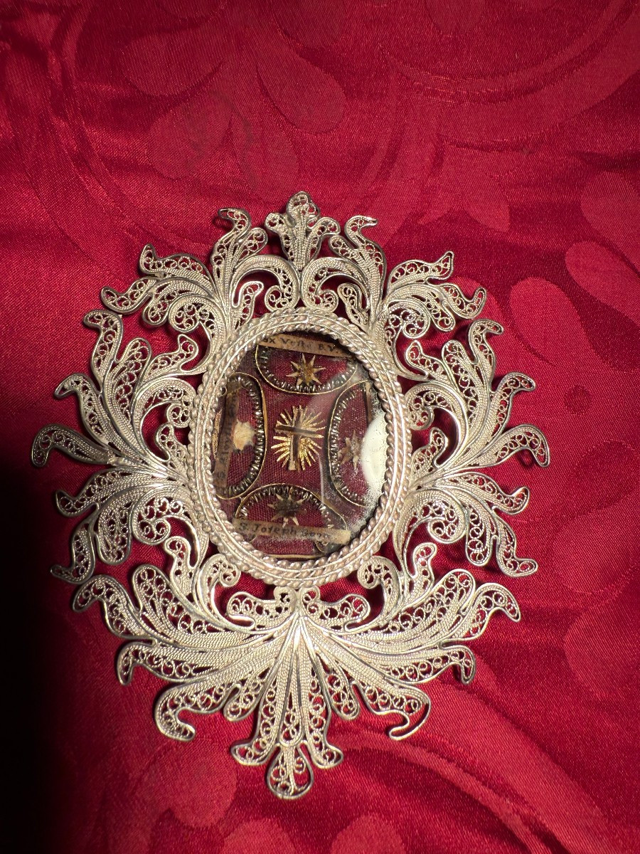 Reliquiario in filigrana d'argento della S.Croce  di S.Giuseppe, Luigi Gonz.,Margherita e B.V.M