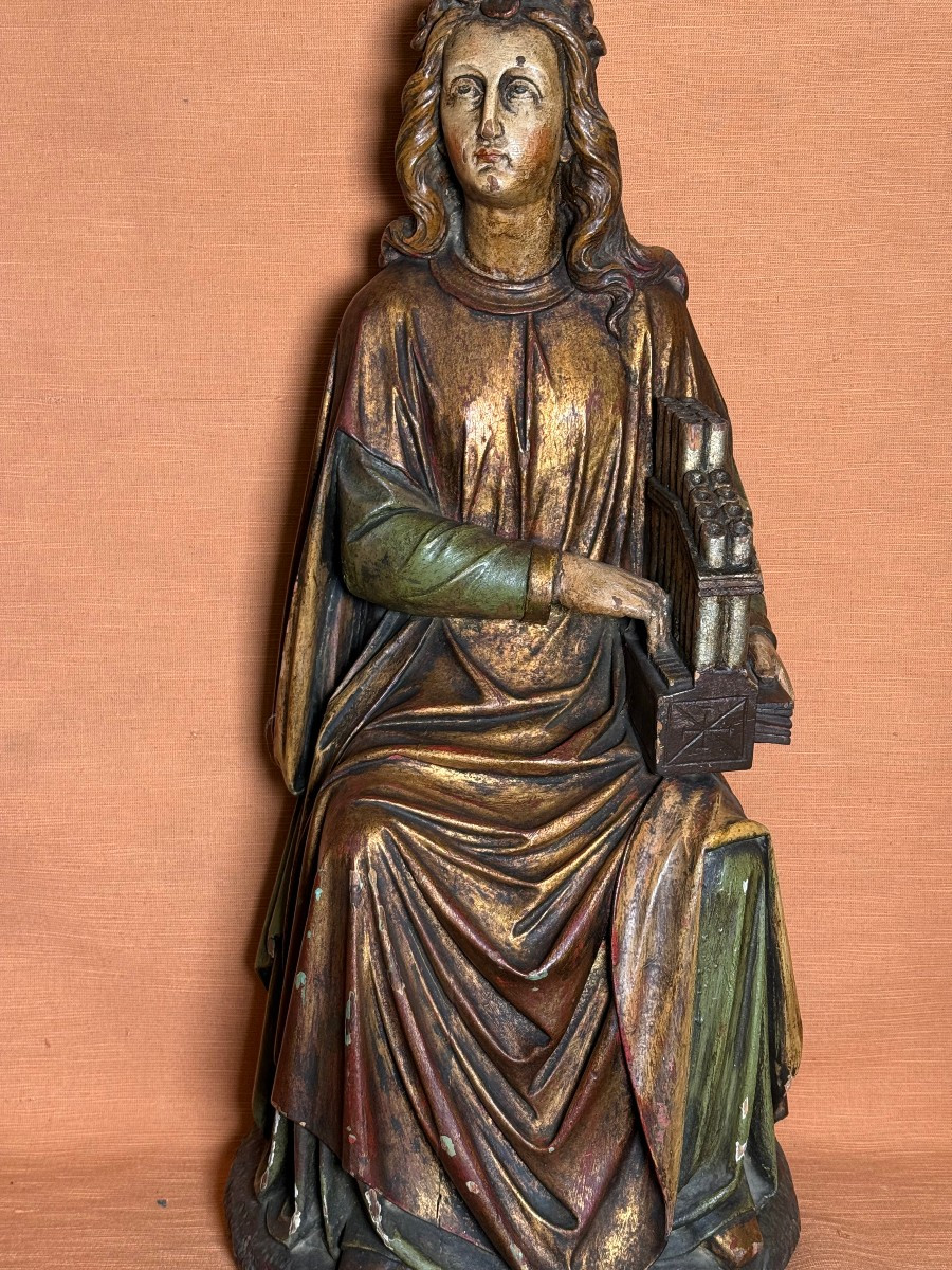 Statua intagliata dorata e policromata raffigurante S.Cecilia con organo portatile-photo-3