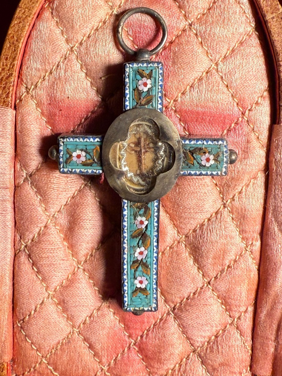 Piccola stauroteca in mosaico romano in suo astuccio in pelle-photo-2