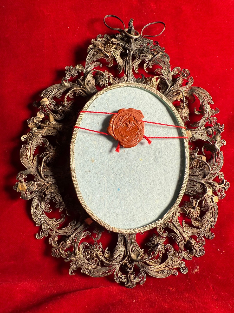 Reliquiario in filigrana d'argento di frammenti di abiti di 4 santi -photo-2