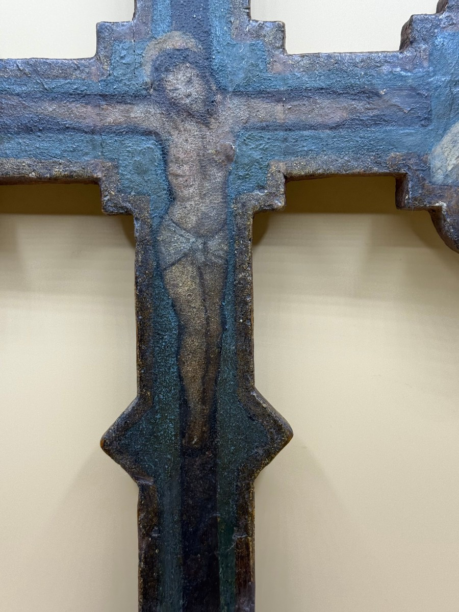 Croce trilobata in legno dipinto, proveniente dalla Toscana, della metà del XVI secolo-photo-2