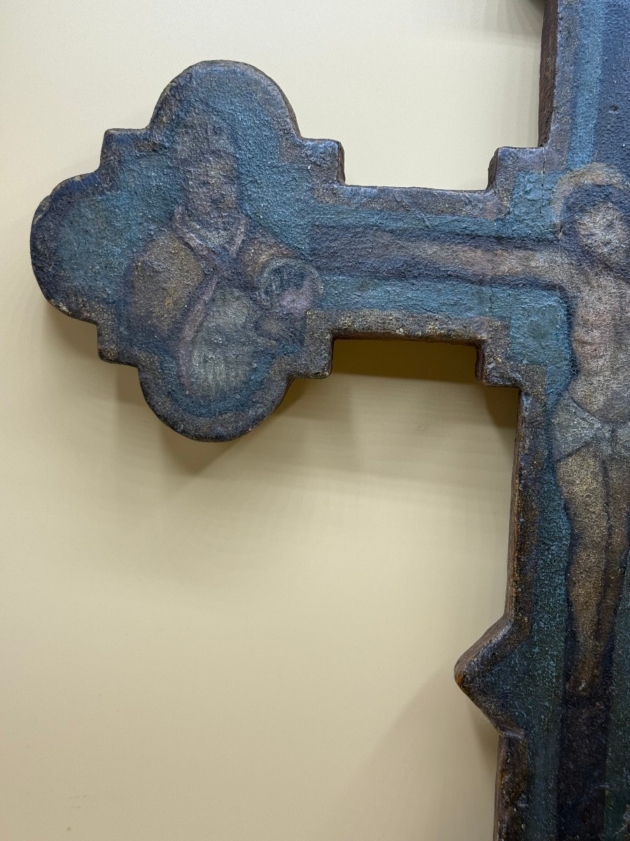 Croce trilobata in legno dipinto, proveniente dalla Toscana, della metà del XVI secolo-photo-3