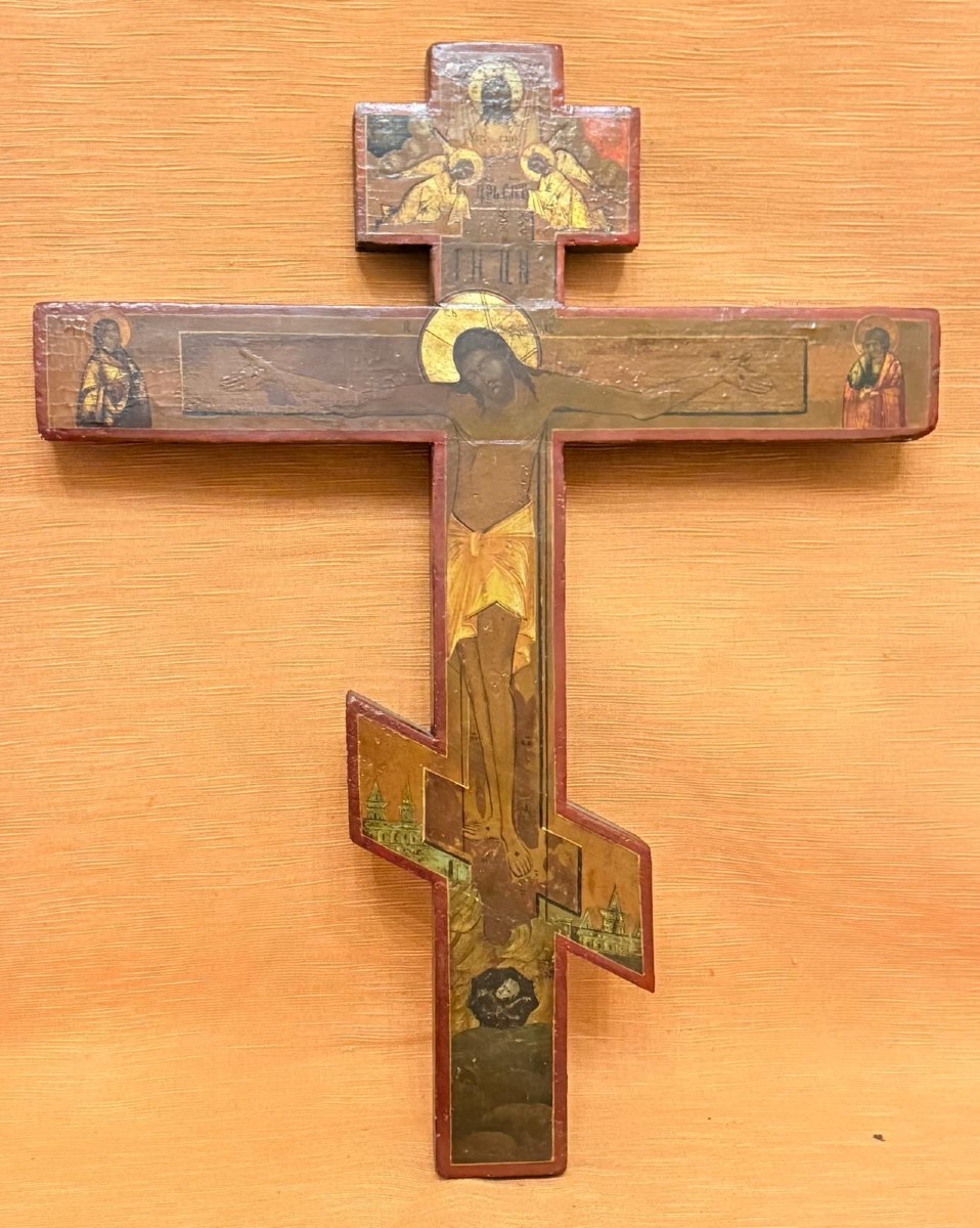 Croce lignea dipinta in stile ortodosso del XIX° secolo 
